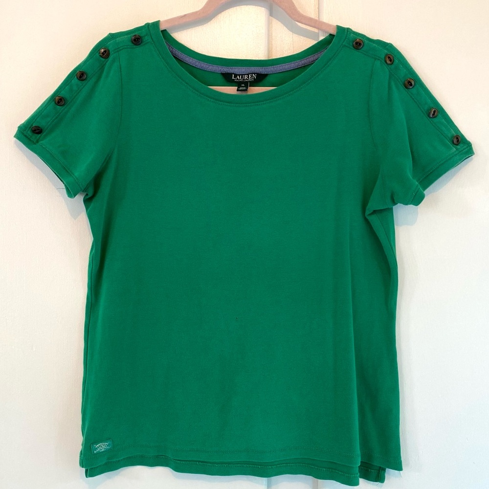 Vintage Ralph Lauren Green Short Sleeve Button Shoulder Label Hem Tee XL